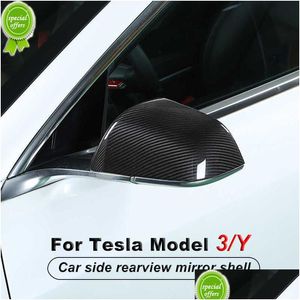 Autres accessoires d'intérieur Nouveau 2 pièces / ensemble matériau en fibre de carbone véritable rétroviseur latéral de voiture coque décorative pour Tesla modèle 3 Y -2021 DHSNT