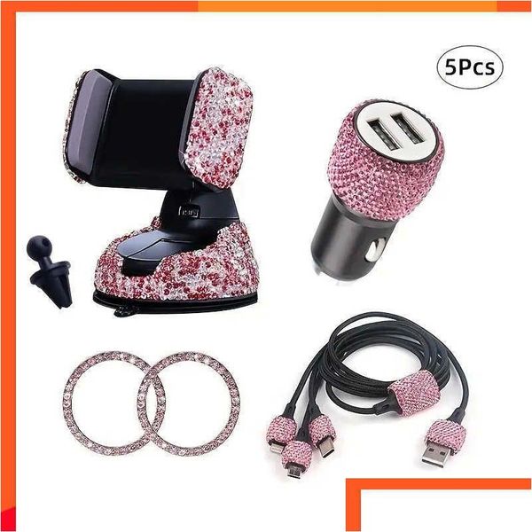 Otros accesorios interiores Nuevos 5 piezas Conjunto de accesorios para mujeres Bling Diamond Soporte para teléfono para automóvil Cargador 3 en 1 Carga 1 par Inicio con una tecla S Dh1Pg