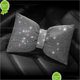 Autres accessoires d'intérieur Nouveau diamant Bowknot Oreiller de cou de voiture Strass Cristal Appui-tête Support de siège Oreillers Bling Accessoire Dhifu