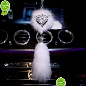 Andere interieuraccessoires Nieuwe mode diamantkristal auto hanger decoratie achteruitkijkspiegel hangende vossenbont ornamenten styling Interi Dhzps