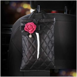 Autres accessoires d'intérieur Nouvelle mode Perle Camellia Fleur Voiture Appui-tête Sac à mouchoirs Siège suspendu Boîte de papier en cuir Support de tour Styli Dhtkz