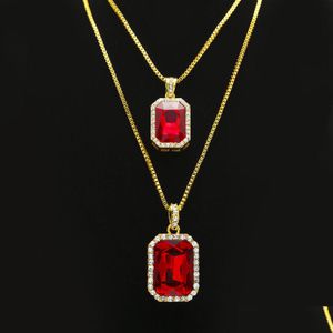 Autres ensembles de bijoux 2pcs Ruby Collier Set Sier Plaqué Or Glacé Carré Rouge Pendentif Hip Hop Boîte Chaîne Drop Livraison Dhr5O