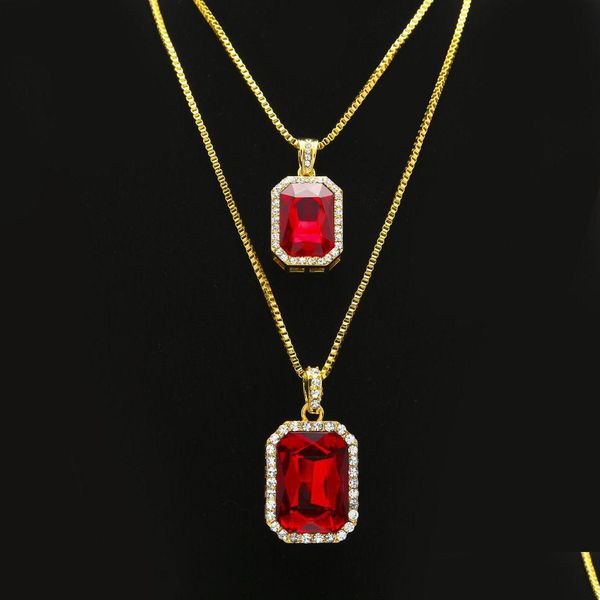 Autres ensembles de bijoux 2pcs Ruby Collier Set Sier Plaqué Or Glacé Carré Rouge Pendentif Hip Hop Boîte Chaîne Drop Livraison Dhr5O