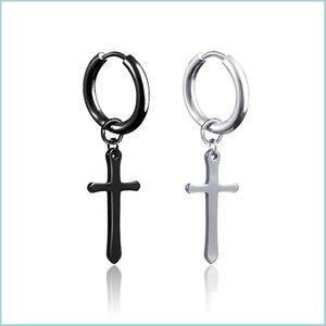 Autres ensembles de bijoux Boucles d'oreilles croisées Sier Noir Acier inoxydable Jésus Croix Hoop Clip sur l'oreille Cuff Dangle pour femme Homme Hip Hop Fashio Dhlsr