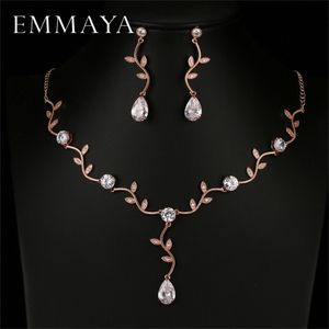 Autres ensembles de bijoux EMMAYA Or Rose Couleur Zircon Cristal Ensembles de Bijoux de Mariée Forme de Feuille Collier Ras du Cou Boucles d'Oreilles Ornement de Mariage pour les Femmes 220921