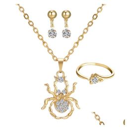 Autres Ensembles De Bijoux Mode Femmes 3 Pcs Collier Boucles D'oreilles Anneau Diamant Incrusté Araignée Pendentif Colliers Pour Demoiselle D'honneur Drop Delivery Dhtgd