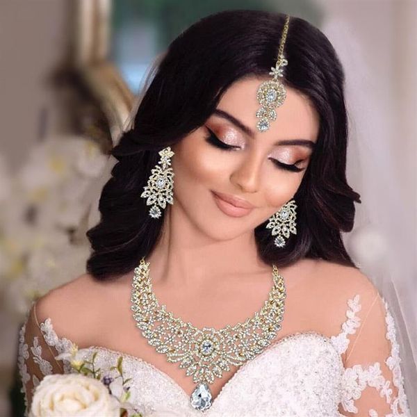 Otros conjuntos de joyas HB75 Dubai Set Pendiente para mujer Accesorios nupciales Collar de boda Tocado de frente de cristal indio 230207314J