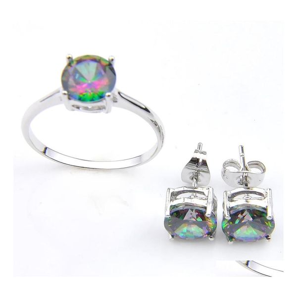 Luckyshine Holiday Gift Classic Rainbow Mystic Topaz Gems 925 Sterling Sier Ring Stud Boucles d'oreilles Femmes Set Drop Deli Dhm2J