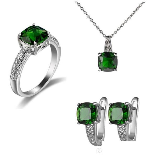 Otros conjuntos de joyas Luckyshine Nuevo Gancho Pendientes Anillos Colgantes Conjuntos Cuadrado Verde Cuarzo Gemas Sier Collar Estados Unidos Australia Fiesta navideña Dheri