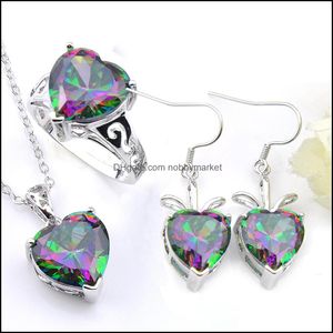 Altri set di gioielli Luckyshine Regalo di San Valentino Fuoco Arcobaleno Cuore Mystic Topaz 925 Sterling Sier Anelli Pendenti Orecchini Set Donna Drop D