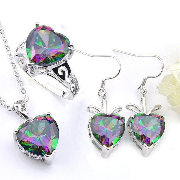 Autres ensembles de bijoux Luckyshine Saint Valentin Cadeau Fire Rainbow Heart Mystic Topaz 925 Sterling Sier Anneaux Pendentifs Boucles d'oreilles Bijoux Se Dhgub