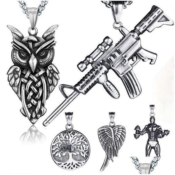 Otros conjuntos de joyas Retro Ancient Sier Hip Hop Collar Set Acero inoxidable Moto Gun Owl Angel Wing Tree Of Life Colgante Necklac Dhmw1