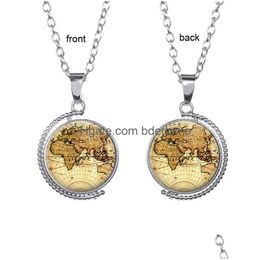 Otros conjuntos de joyas Mapa del mundo Tiempo Gema Colgante Collar Giratorio Doble cara Vidrio Cabochon Suéter Cadena Moda para hombres Mujeres Kid Gi Dhotj