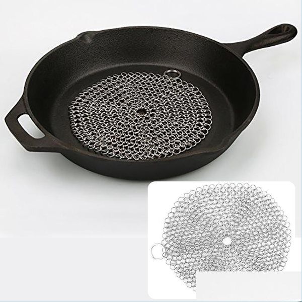 Autre Cuisine Bar à manger Nettoyant en fonte 304 Épurateur de cotte de maille en acier inoxydable pour casseroles pré-assaisonnées Fours hollandais Waffle Scra DHSIP