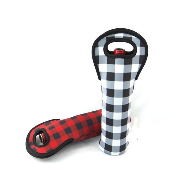 Otra cocina Comedor Bar Neopreno Cuadro rojo Vino Titular Prueba de golpes Impreso Buffalo Plaid Cooler Ers Durable Botella Manga Negro Ot1Xu