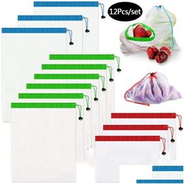 Autre organisation de stockage de cuisine 12pcs / set sacs en maille réutilisables pochette de poche dstring pour magasin de légumes de fruits sac d'épicerie DHSXB