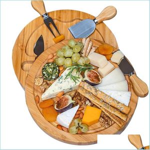 Autres outils de cuisine Planche à fromage et couteau en bambou Ensemble de planches de charcuterie rondes Plateau de viande pivotant Cadeau de pendaison de crémaillère Drop de Dhv8P