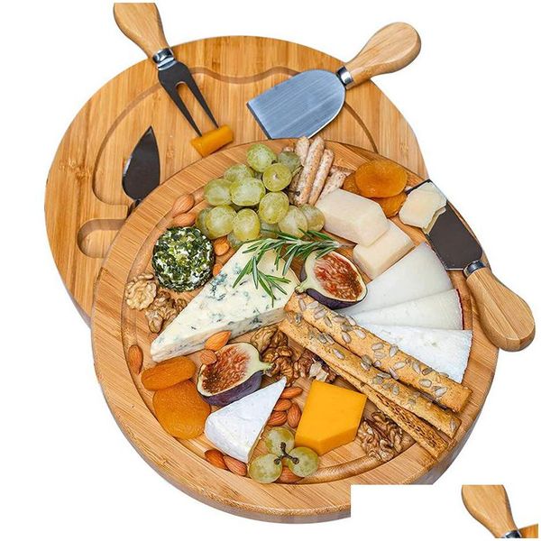 Autres outils de cuisine Planche à fromage en bambou et ensemble de couteaux Planches à charcuterie rondes Plateau à viande pivotant Cadeau de pendaison de crémaillère de vacances Drop De Dhjks