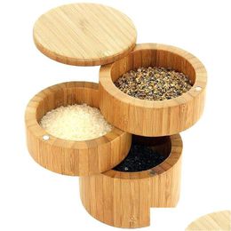 Andere keukengereedschap Bamboo Triple Salt Case Round Box voor peper kruidenkelders opslagcontainer met draaimolenmagnetische deksels drop deli dhugf