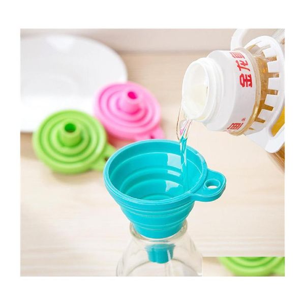 Otras herramientas de cocina Estilo plegable Embudo Tolva Protable Mini Sile Gel Accesorios de cocina plegables Gadgets Cuello largo estirado Dhn1E