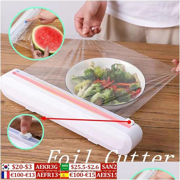 Otras herramientas de cocina Dispensador de papel de aluminio con cortador Cling Plástico Envoltura Accesorios Película Comida Fresca Conveniencia Almacenamiento 230327 Drop Delive Dhxi6