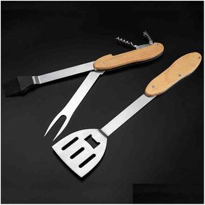 Autres outils de cuisine Mtifunction Ensemble de barbecue en acier inoxydable Pelle à barbecue Brosse à huile Fourchette Ouvre-bouteille Compact Portable Splittable Dur Dhpxe