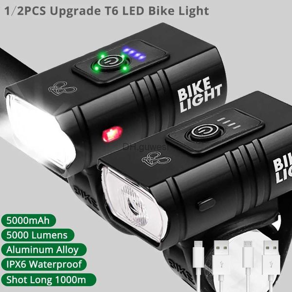 Otros accesorios de iluminación 1/2PCS 5000mAh LED Luz de bicicleta USB Recargable Pantalla de energía MTB Mountain Road Bike Lámpara frontal Linterna Equipo de ciclismo YQ240205