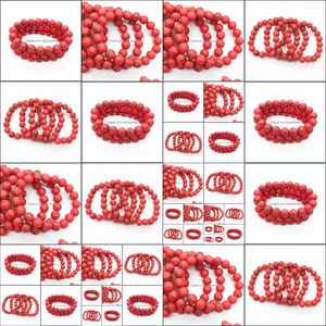 Otras joyas de perlas sueltas Pulsera de howlita roja mate de 10 mm, pulsera de piedras preciosas, cuentas redondas de turquesa, pulsera elástica, pulsera de buena suerte Drop D