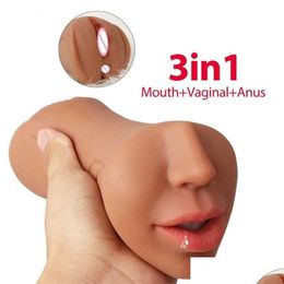 Andere massageartikelen Masr Realistische vagina 3 in 1 orale mond Kunstmatig deepthroat-speeltje voor mannen Sile Tongtanden Pocket Pussy Mannetjes Dhdjh