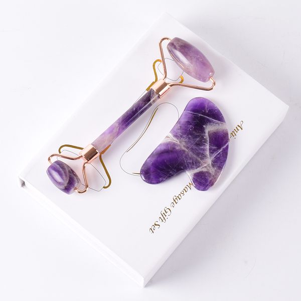 Otros artículos de masaje Rose Gold Face Roller Amethyst Gua Sha Tool Juego de masaje Piedra natural Acupuntura Raspado Body Healing Masajeador Cuidado de la salud 230311