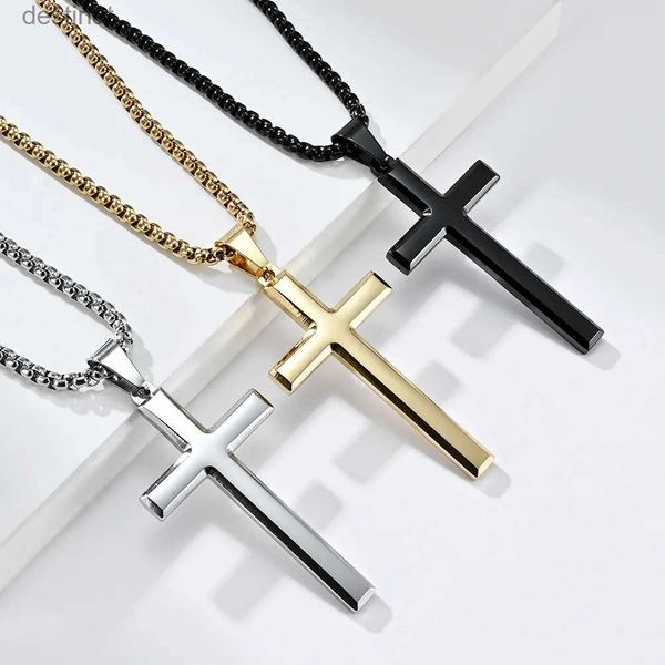 Autres Hommes Femmes Chaîne Collier Croix Noire Pendentif En Acier Inoxydable 3mm Or Couleur Boîte Chaîne Mode Paix Foi Divin Couple CadeauxL242313