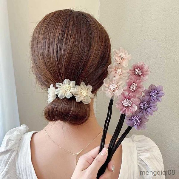 Otras nuevas mujeres elegantes flores de gasa moño peinados hacer herramientas largas dulce diadema diademas moda accesorios para el cabello