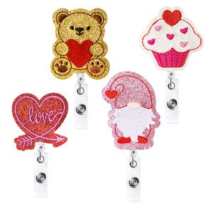 Autres fournitures scolaires de bureau L Ensemble de 4 bobines de badges rétractables Love Heart Sweet Bear Cupcake Gnome Shiny Glitter Felt Na Carshop2006 Amiyk