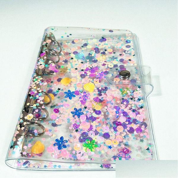 Otros suministros escolares de oficina al por mayor A6 Cuaderno Er Transparente PVC Glitter Lentejuelas Shell Oficina Escuela 6 Anillos Binder Plan Espiral DHMFX