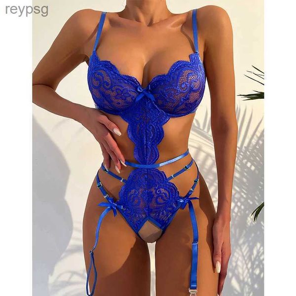 Autres culottes Bleu Halter Bra Set Femmes Sexy Lingerie Ensembles Solide Mesh Dentelle Patchwork Femme Sous-Vêtements Avec Porte-Jarretelles Costumes Érotiques Chauds YQ240130