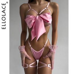 Andere slipjes Ellolace Bowknot Lingerie Open beha veter -up sexy ondergoed 3 -stuk satijn erotische outfit jonge meisjes ongecensureerd Bilizna Set of Sex 230411