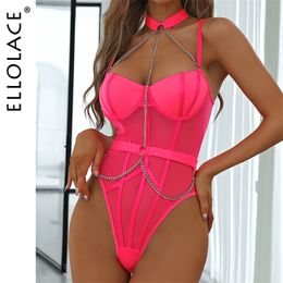 Otras bragas Ellolace Body erótico con cadena halter Fitness Sexy Porn See Through Teddy High Leg Body Suit Lace Sissy Sensual Tights 220830