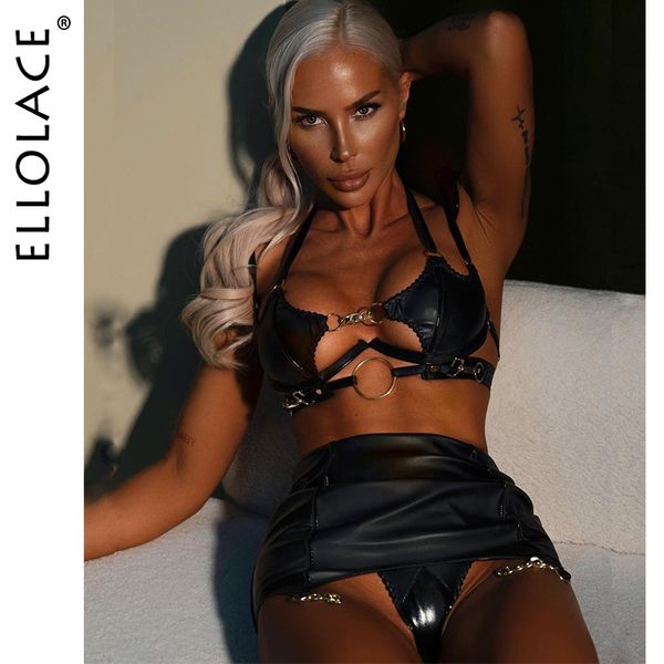 Autres culottes Ellolace Latex Fetish Lingerie Sissy Bandage Jupe creuse Sous-vêtements fantaisie Uncensored Halter PushUp Bras PVC 3Piece Intimates 230411