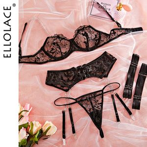 Andere slipjes ellolace sexy lingerie transparante dames ondergoed set 4pieces string luxe luxe kanten erotische outfits 230307