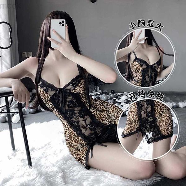 Otras bragas Sexy ahueca hacia fuera el camisón Hot Leopard Lace Cat Girl Mujeres Mini vestido Lencería Arco Perspectiva Ropa de dormir Flaco Satén Ropa de dormir HKD230706