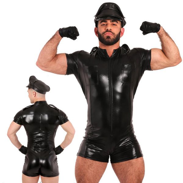 Otras bragas Hombre sexy Cuerpo de cuero Shaper Traje de cosplay negro Lencería Sombrero Guantes Conjunto Erótico Gay Sissy Adulto Cremallera Body PU Látex 230426