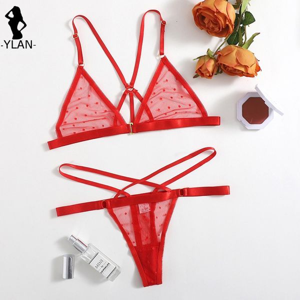 Autres culottes Sexy Femmes Soutien-gorge Set Red Dot Lingerie Voir à travers Intimates Bralette Briefs S Fashion Mesh Sous-vêtements Bandage 230307