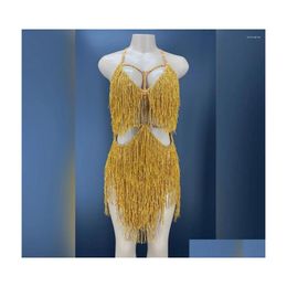 Andere slipjes podium dragen gouden franjes danskostuum feestoutfit Tassel bodysuit avond verjaardagshow gogo performance jurk drop d dhdyh