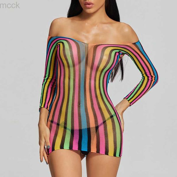 Otras bragas Impresionante vestido de peluche de red de peces Vestido de fiesta de rayas de arco iris semitransparente Vestidos de lencería de mujer HKD230706