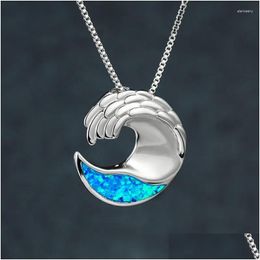 Otros colgantes 925 Sterling Sier Cadena Collar Moda Ocean Wave Colgante Geométrico Azul Opal Piedra Collares de compromiso para mujeres DH7NO
