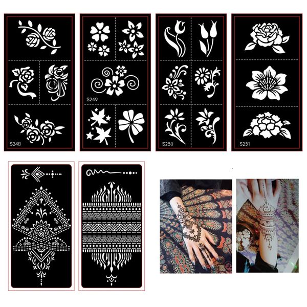 Otro suministro de maquillaje permanente 20 unids / lote Plantillas de tatuaje de henna para pintura corporal Mehndi Plantilla india Flor Mano Brillo Aerógrafo Plantilla 230907