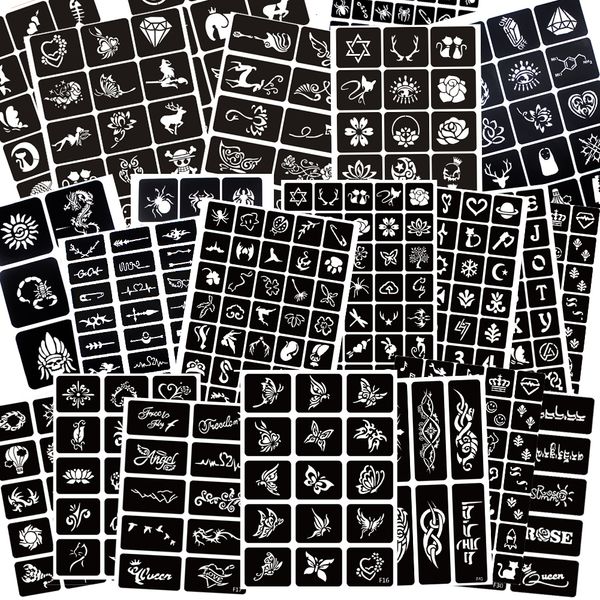 Otro suministro de maquillaje permanente 22 hojas Glitter Temporal Henna Tattoo Stencil Set 400pcs Plantillas de aerógrafo para niñas Niños Adultos Cara Pintura corporal 230616