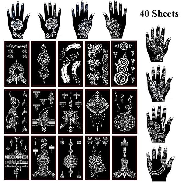 Autres fournitures de maquillage permanent 40 feuilles de pochoirs de tatouage au henné auto-adhésifs, modèle Mehndi pour tatouage, peinture d'art corporel, tatouages à l'aérographe indien et arabe 221208