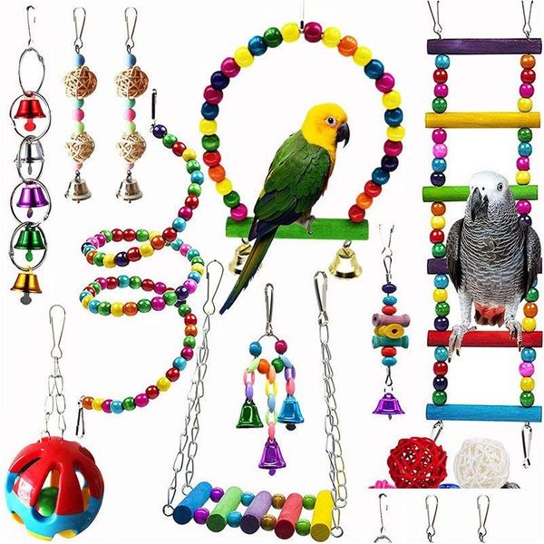 Otros suministros para mascotas Parrot swing swing juguete juego de juguete de madera natural colgante de madera con escaleras de hamaca para colorf pájaros jaula juguete dhue0