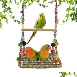 Otros suministros para mascotas Bird Seagrass Swing Toys con perca de madera Loro Trapecio Escalada Hamaca Soporte Masticar juguete para Lovebird Cockatiel B DHDGO